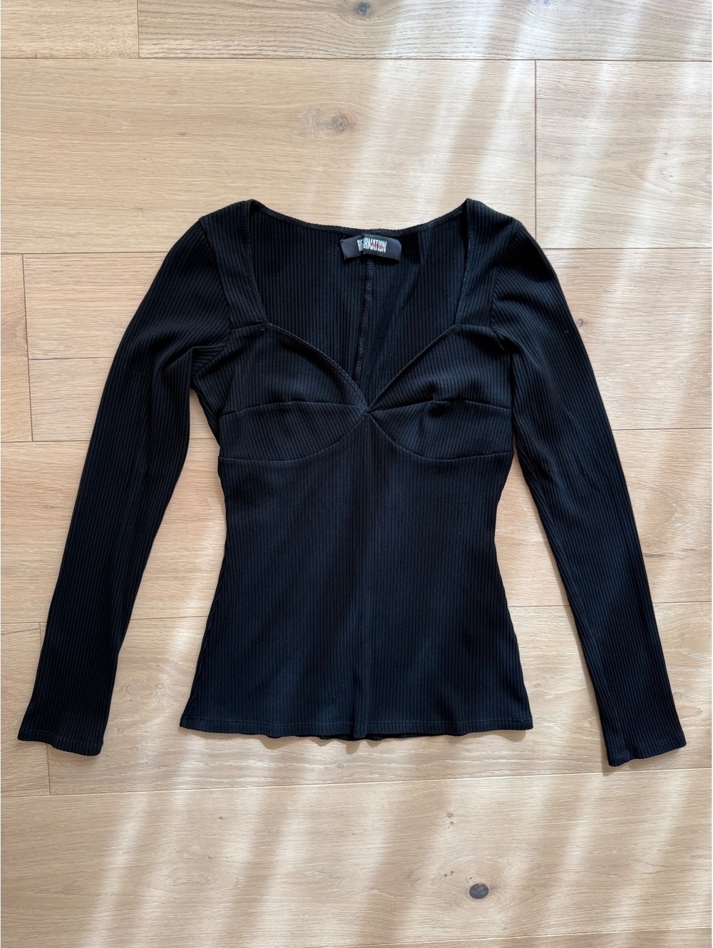 Reformation Black Ribbed Sweetheart Long Sleeve Bustier Top Size S Tencel